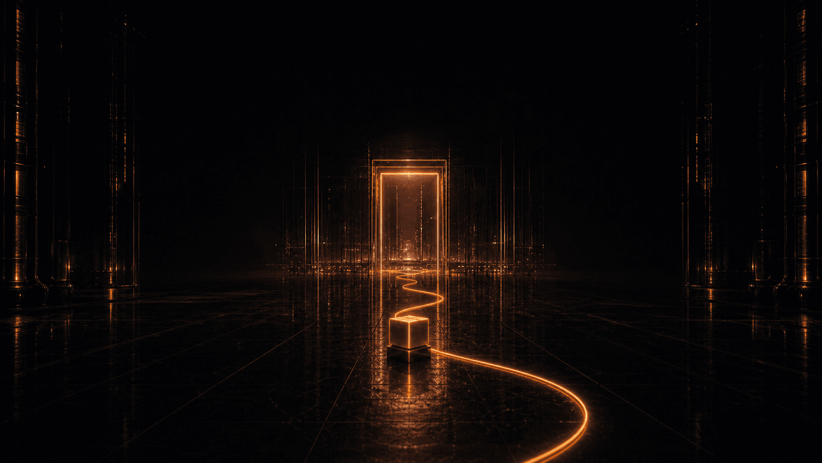 A glowing TeraCart order path leading into the connected store system