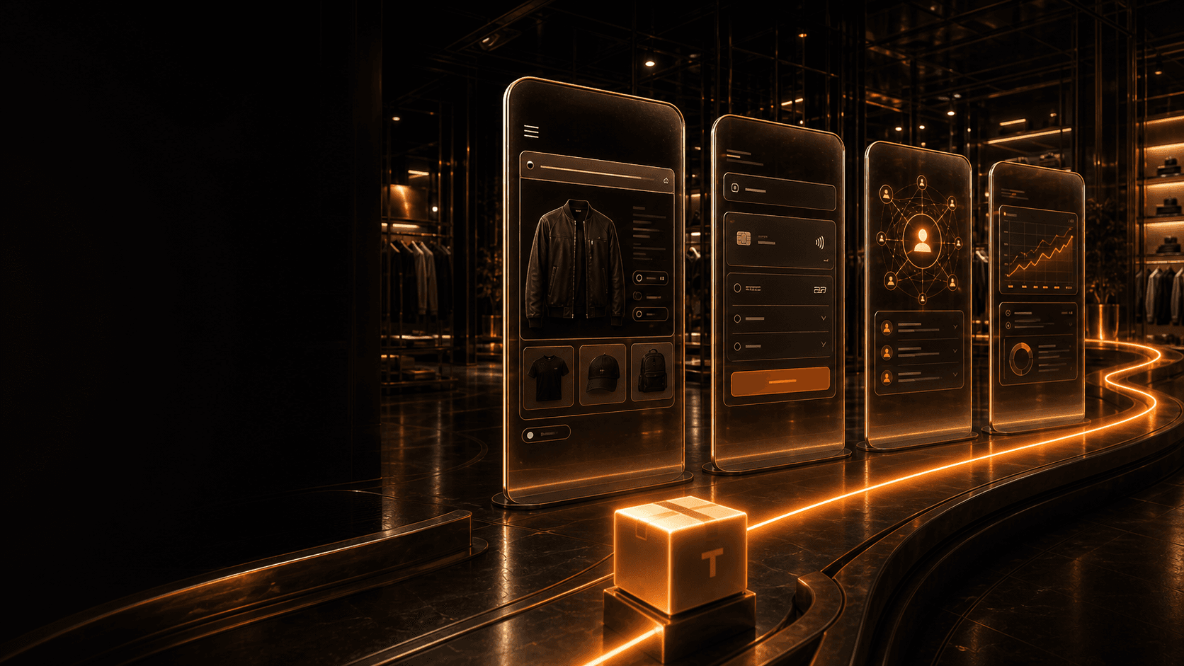 Four connected TeraCart commerce portals in a cinematic retail chamber